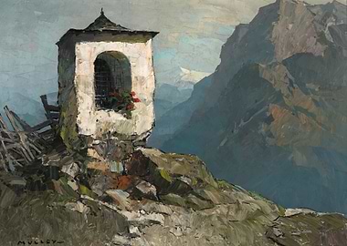 Alpine Chapel with Mountain Backdrop