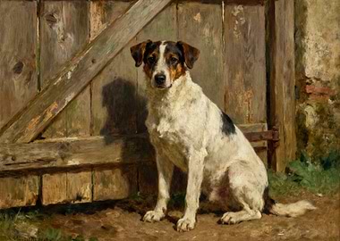 Dog sitting by a wooden gate