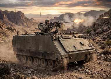 Armored vehicle firing in desert