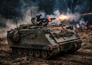 Soldier firing machine gun from armored vehicle