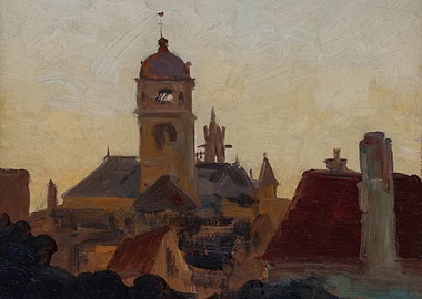 Cityscape painting at dusk