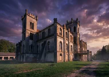 Abandoned Gothic Castle at Sunset