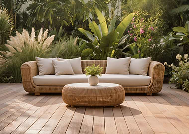 Rattan Sofa and Coffee Table in Garden