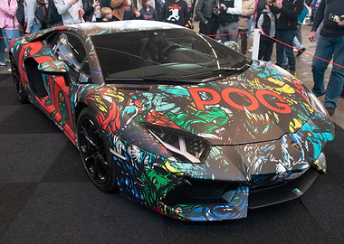 Customized Lamborghini Aventador with 'POG' text