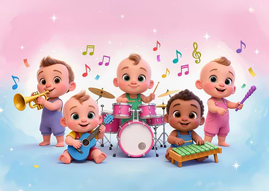 Cute babies playing musical instruments