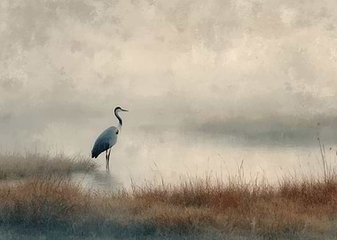 Heron in Misty Wetlands