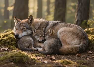 Wolf Family Sleeping in Forest