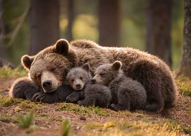 Mother Bear and Cubs Sleeping