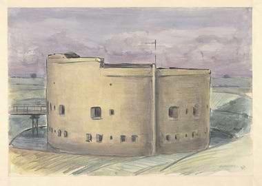 Watercolor painting of a circular fort