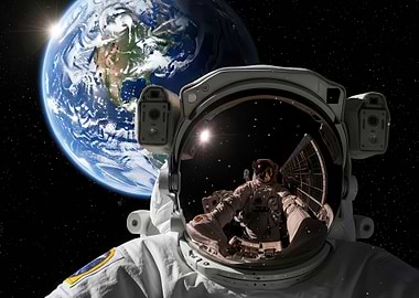 Astronaut reflected in helmet with Earth