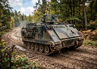 Military APC driving on a dirt road