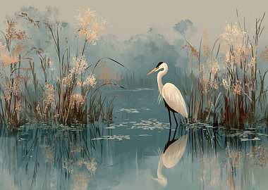Heron in a Misty Wetland