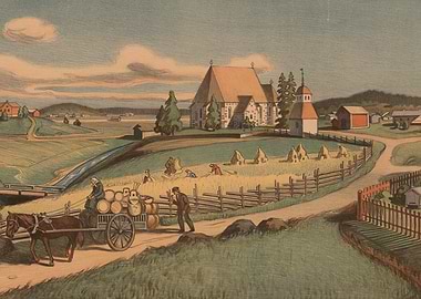 Rural Village Scene with Church and Harvest