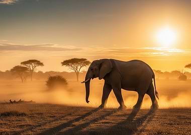 Elephant walking at sunset