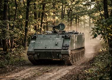 Military APC driving on a dirt road