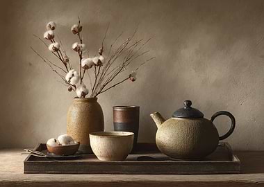 Still Life with Cotton and Tea Set