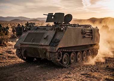 Military vehicle in desert dust