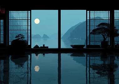 Tranquil Japanese Room with Moonlit Bay View
