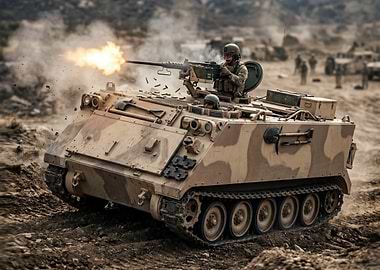 Military vehicle firing weapon