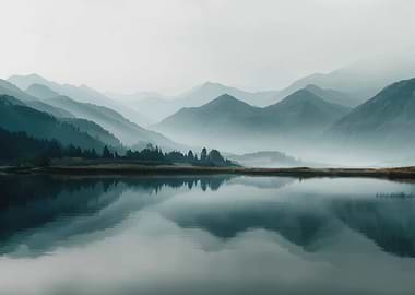 Misty Mountains Reflecting in a Lake