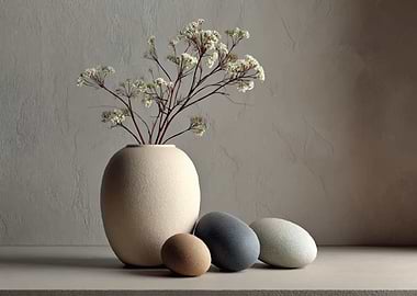 Minimalist Still Life with Flowers and Stones