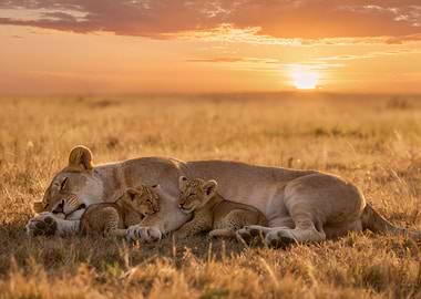 Lioness and cubs at sunset
