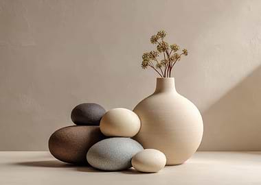 Zen stones and vase with dried flowers