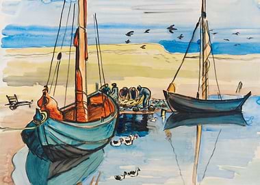 Boats and Fishermen by the Water