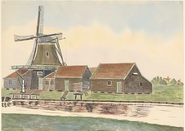 Dutch Windmill and Canal Scene