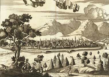 Ancient Cityscape with Mountains and Figures