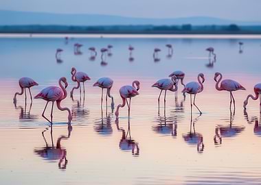 Flamingos in a serene lake at dusk