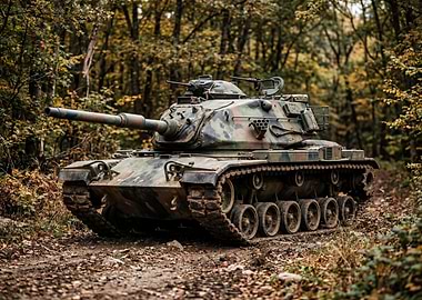 Camouflaged Tank in Autumn Forest