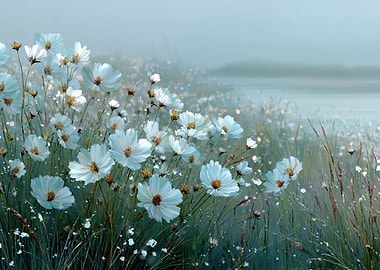 Misty Field of White Cosmos Flowers