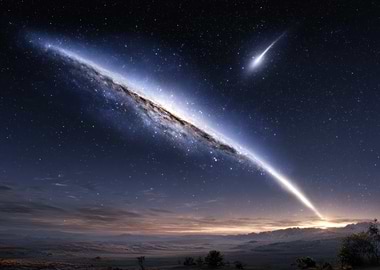Galaxy and Comet Over Landscape