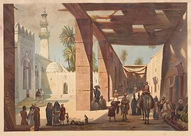 Egyptian Street Scene with Mosque and People