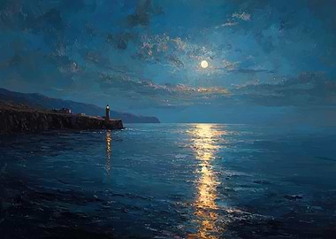 Moonlit Lighthouse Over the Sea