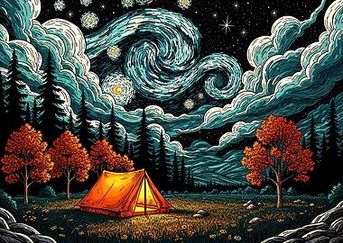 Glowing Tent Under a Van Gogh Starry Sky