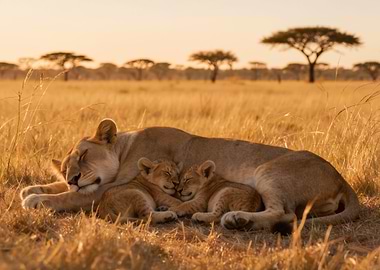 Lioness and cubs sleeping in savanna