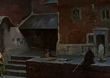 Grim Reaper and Woman in Courtyard