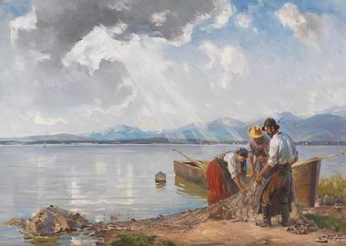 Fishermen with Net by the Lake