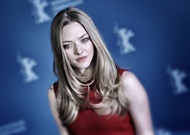 Amanda Seyfried Red Dress Blue Background