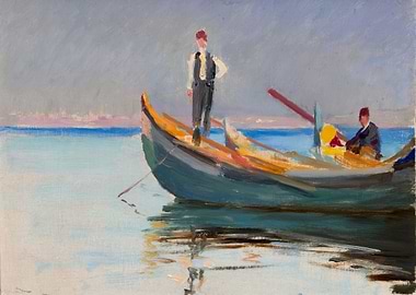 Two men in a boat on the water