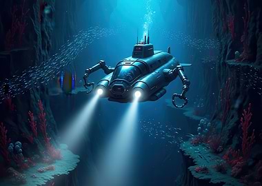 Submarine exploring deep ocean