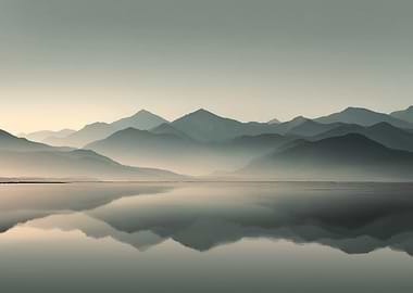 Misty Mountains Reflected in Calm Water