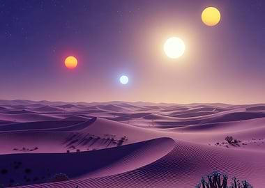 Alien Desert Landscape with Multiple Suns