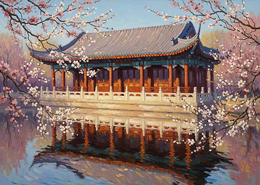 Pagoda by Cherry Blossoms Reflected in Water