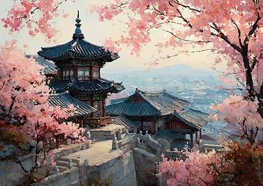 Korean Pagoda Amidst Cherry Blossoms