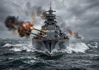 Battleship Firing Guns in Stormy Seas