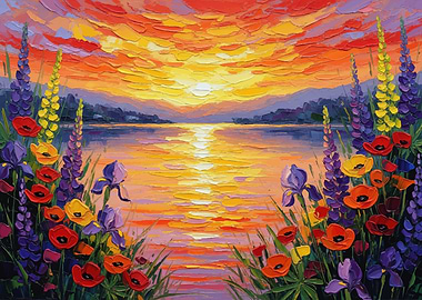 Impressionist Sunset Over Water with Flowers