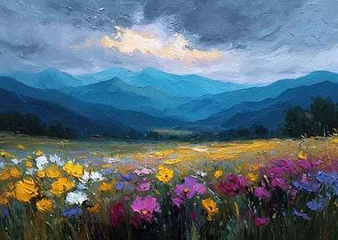 Impressionist Mountain Landscape with Wildflowers